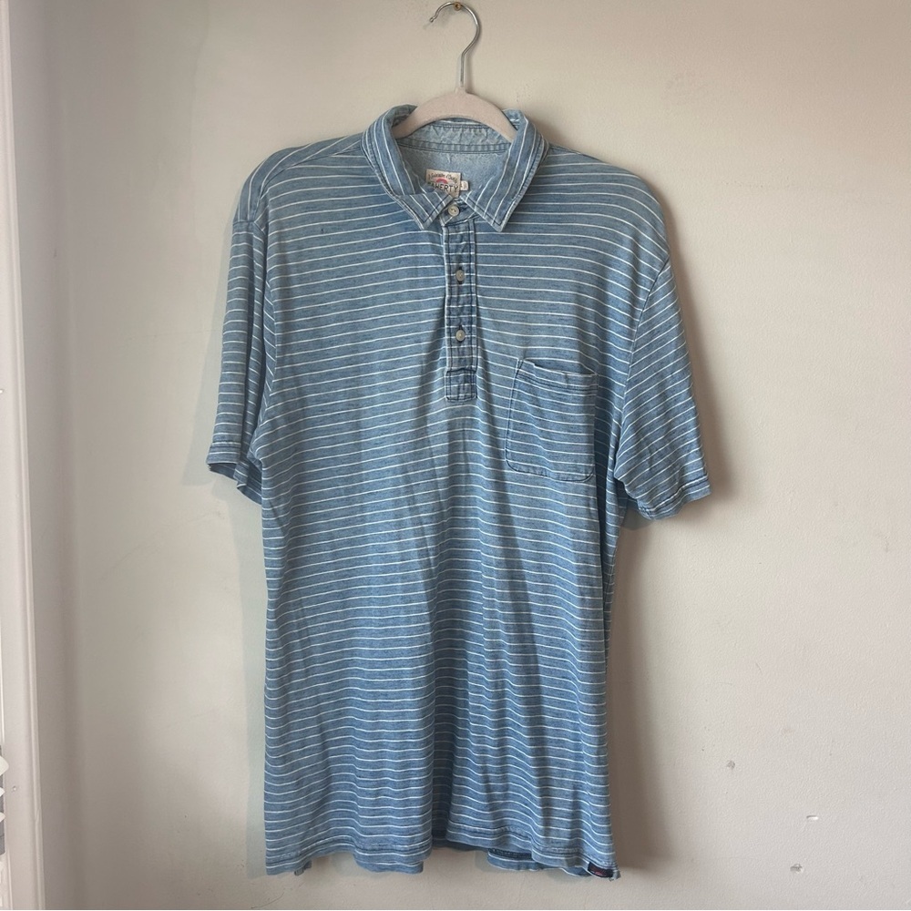 Faherty Mens Light Blue Polo Shirt Size L Striped Blue Short Sleeve
